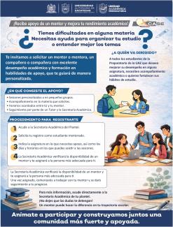 Cartel de la UAZ que invita a estudiantes de preparatoria a solicitar un mentor académico, explicando beneficios, proceso de registro y acompañamiento personalizado.