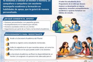 Cartel de la UAZ que invita a estudiantes de preparatoria a solicitar un mentor académico, explicando beneficios, proceso de registro y acompañamiento personalizado.