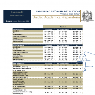 Calendario examenes Semestre Non 2020-2021
