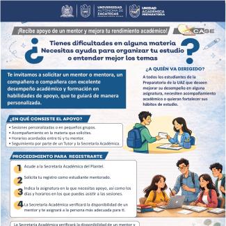 Cartel de la UAZ que invita a estudiantes de preparatoria a solicitar un mentor académico, explicando beneficios, proceso de registro y acompañamiento personalizado.